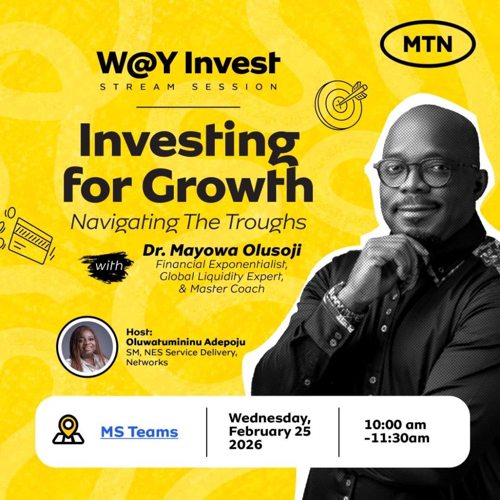Invitation to The Women At Y’ello (W@Y) MTN Nigeria virtual session titled “Investing for Growth, Navigating the Troughs,” featuring CoachMO as guest speaker, scheduled for February 25, 2026, via Microsoft Teams.