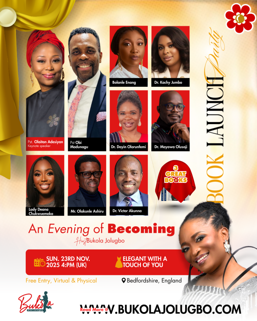 A group Invitation graphic for “An Evening of Becoming,” a book launch experience in Bedford, UK, on November 23, 2025, featuring Bukola Jolugbo (Kiki) and CoachMO as a Chief Launcher, celebrating the launch of The Miracle of Becoming and two additional books on faith, identity, relationships, and transformation.