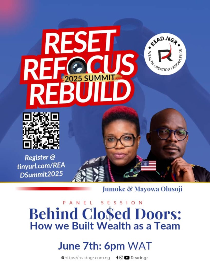 Event invitation for the R.E.A.D NGR Summit featuring Coach MO as a panelist on the topic “Behind Closed Doors: How We Built Wealth as a Team,” scheduled for June 7, 2025, at 6 PM WAT via Zoom