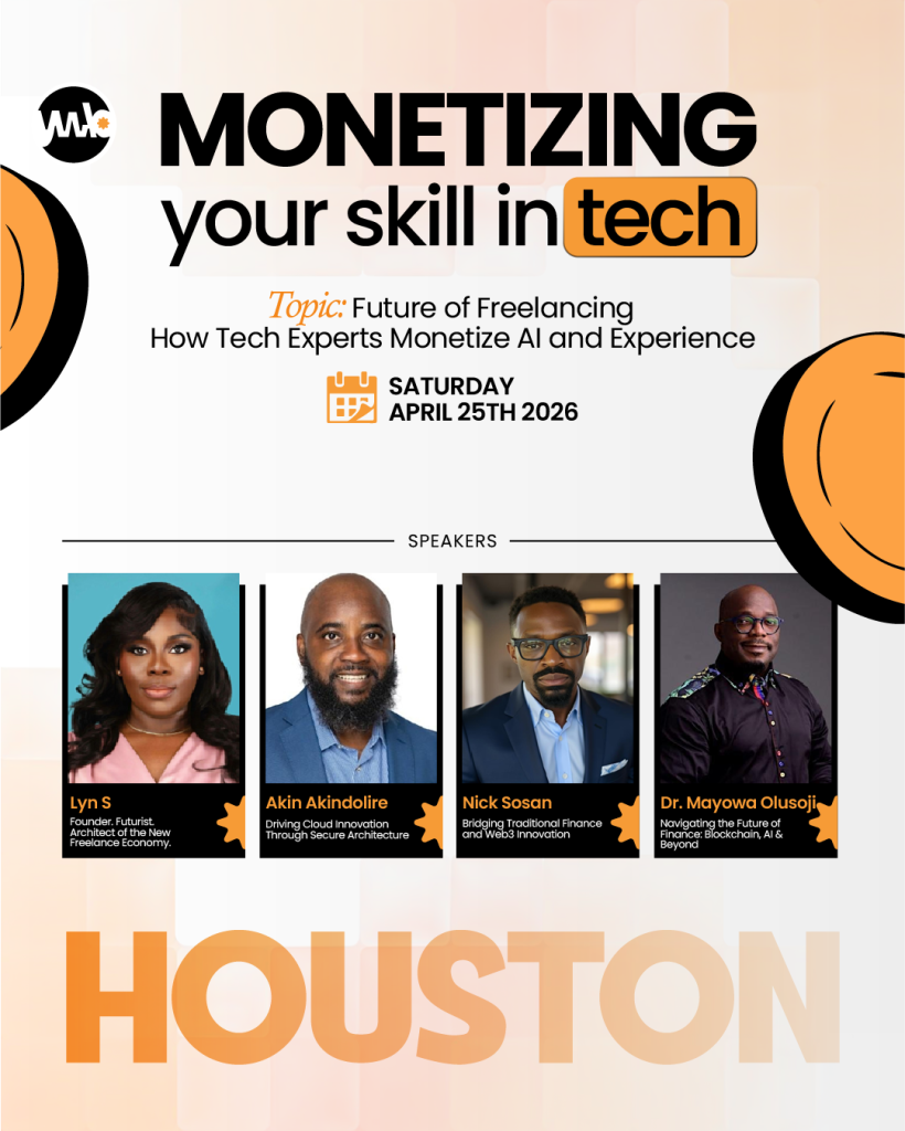 Invitation to the Your Work Buddy (YWB) professional seminar featuring Dr. Mayowa Olusoji as keynote speaker, focused on the future of money and work through blockchain, AI, and digital assets, scheduled for April 25, 2025, in Houston, Texas.